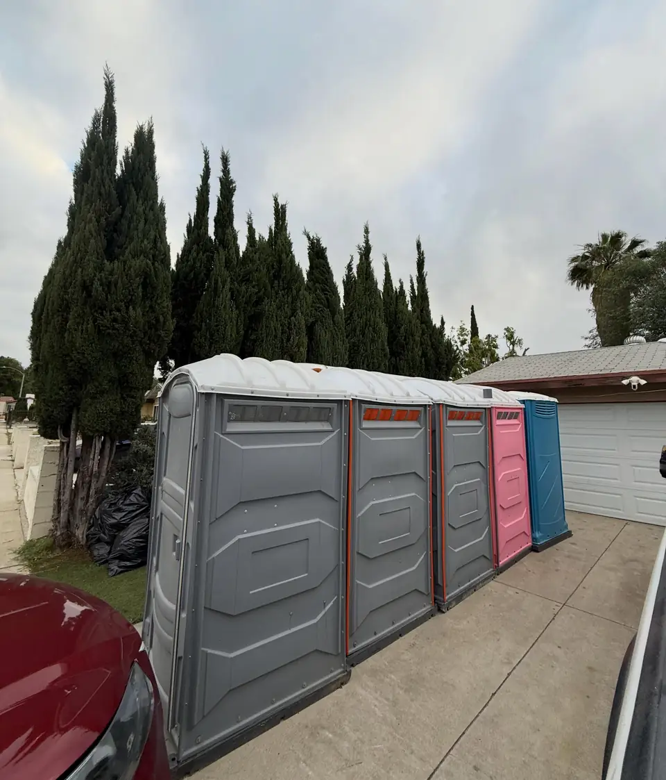 Row of gray and pink porta potties lined up along a home driveway