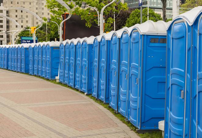 a row of portable restrooms at a fairground, offering visitors a clean and hassle-free experience in pelzer
