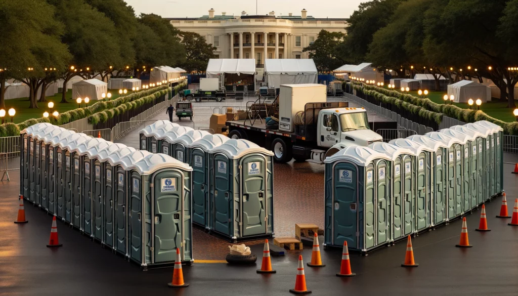 Festival porta potty bank with barricades in Anderson, South Carolina